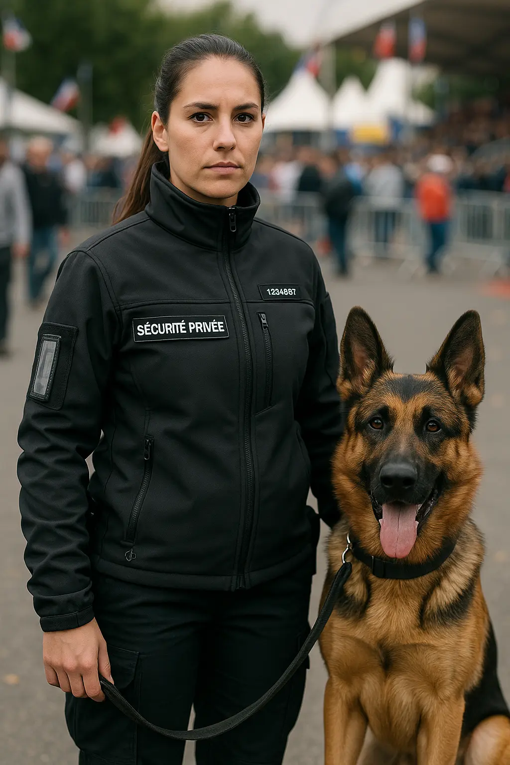 Agent de sécurité cynophile en ronde avec son chien