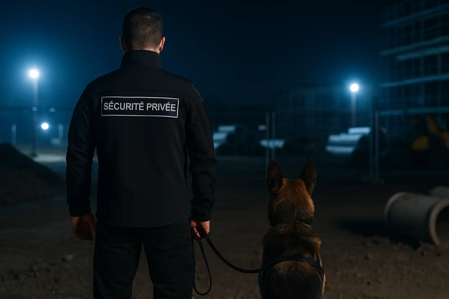 Maître-chien en poste fixe avec harnais et muselière réglementaires